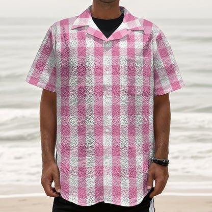 Pink And White Check Pattern Print Textured Short Sleeve Shirt