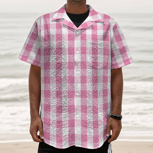 Pink And White Check Pattern Print Textured Short Sleeve Shirt