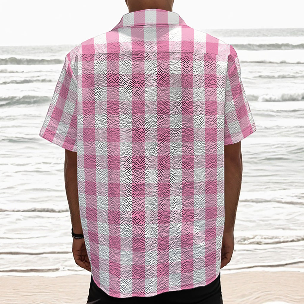 Pink And White Check Pattern Print Textured Short Sleeve Shirt