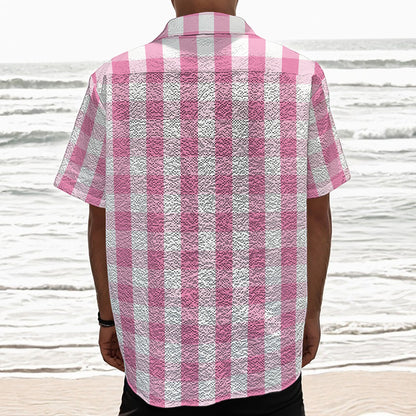 Pink And White Check Pattern Print Textured Short Sleeve Shirt