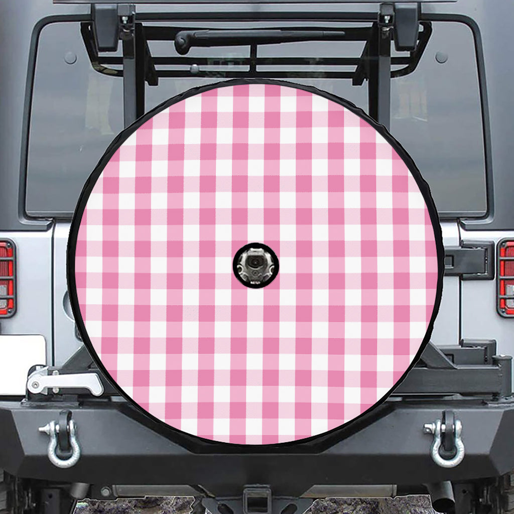 Pink And White Check Pattern Print Tire Cover With Camera Hole