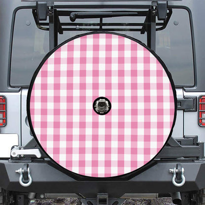 Pink And White Check Pattern Print Tire Cover With Camera Hole
