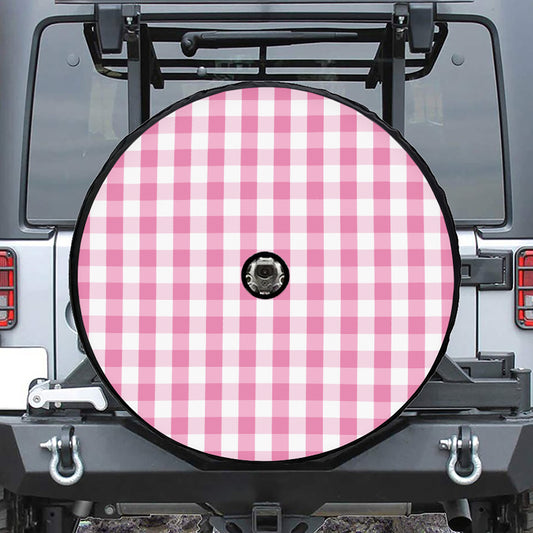 Pink And White Check Pattern Print Tire Cover With Camera Hole