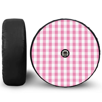 Pink And White Check Pattern Print Tire Cover With Camera Hole