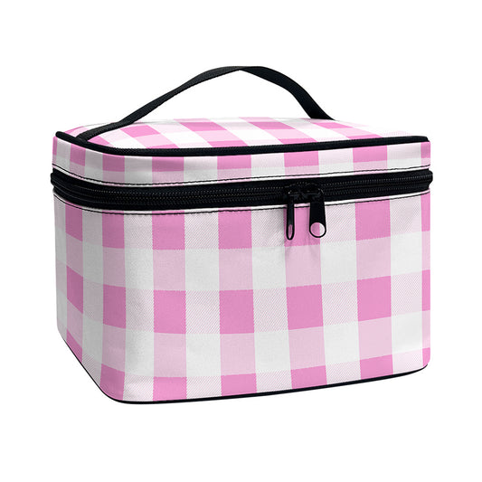 Pink And White Check Pattern Print Travel Makeup Bag