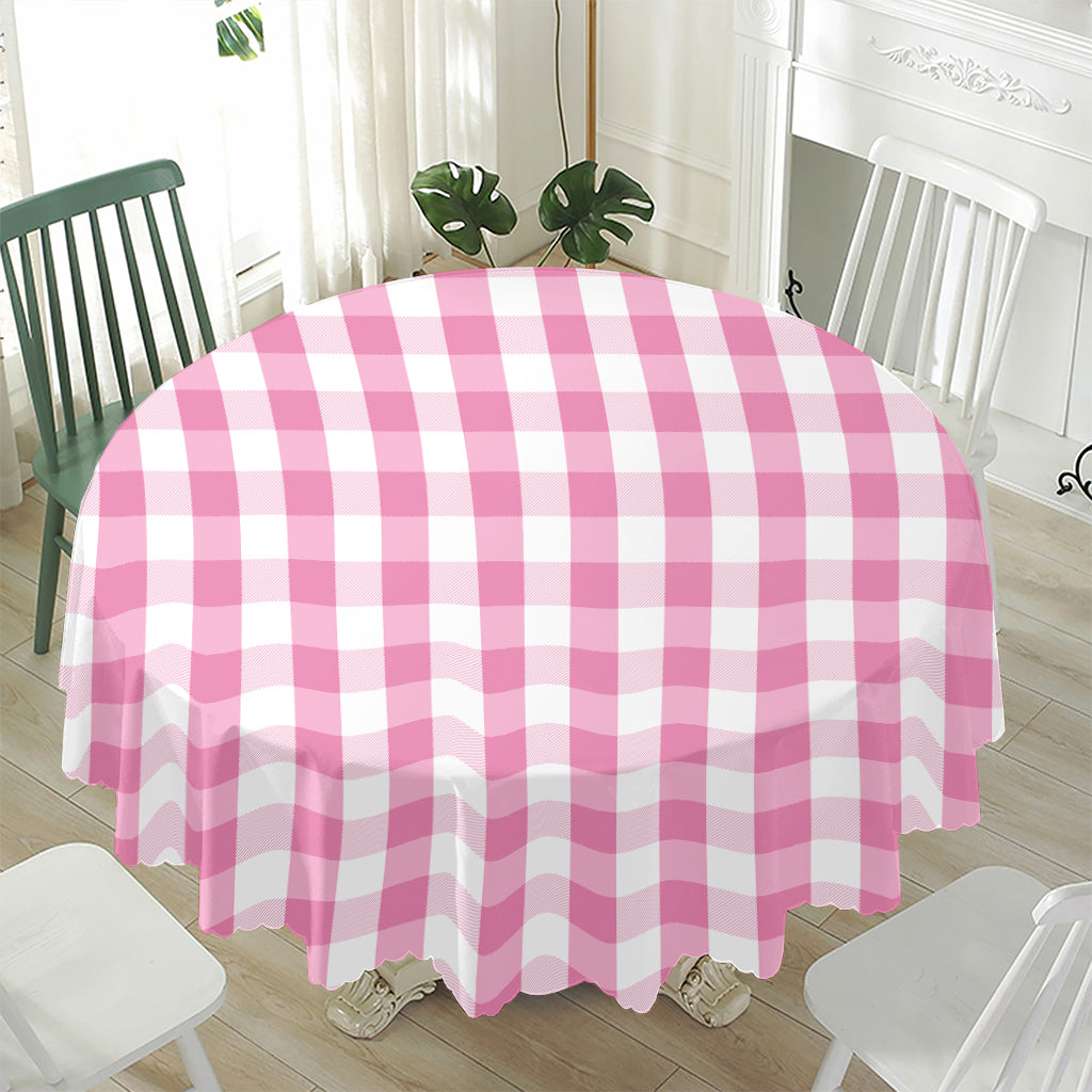 Pink And White Check Pattern Print Waterproof Round Tablecloth