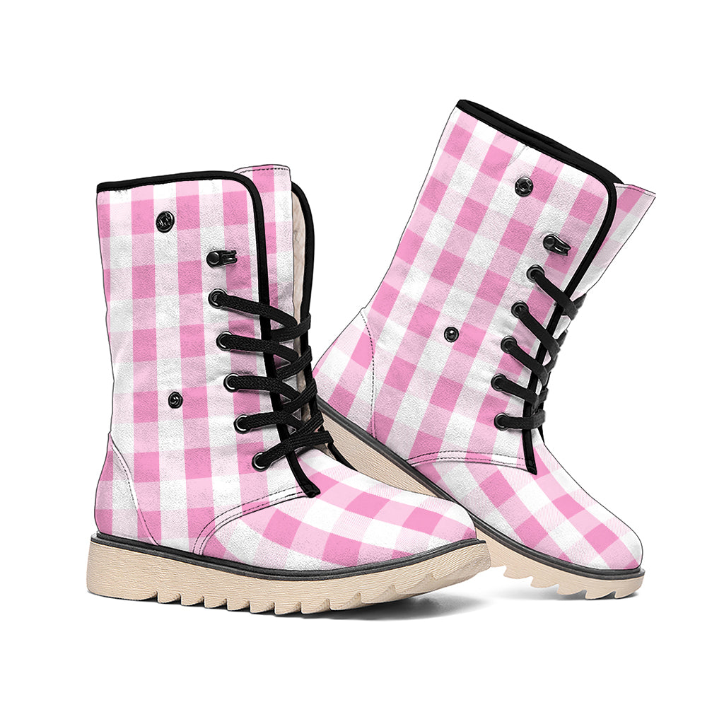 Pink And White Check Pattern Print Winter Boots