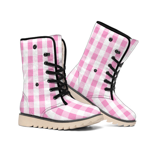 Pink And White Check Pattern Print Winter Boots