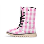 Pink And White Check Pattern Print Winter Boots