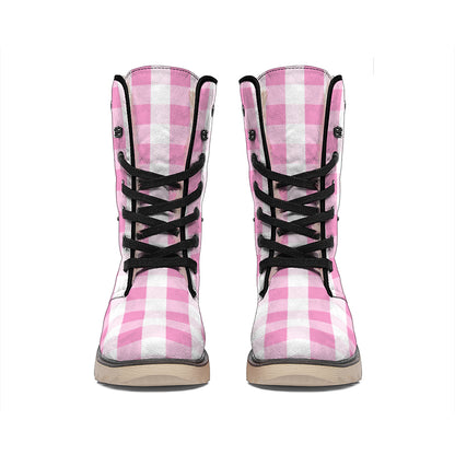 Pink And White Check Pattern Print Winter Boots
