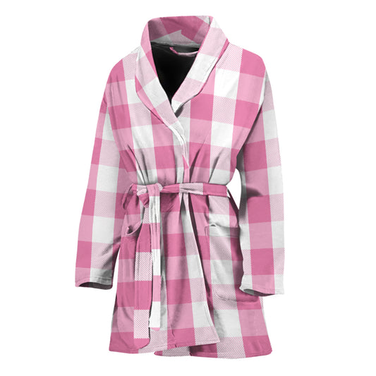 Pink And White Check Pattern Print Women's Bathrobe