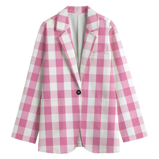 Pink And White Check Pattern Print Women's Blazer