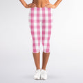 Pink And White Check Pattern Print Women's Capri Leggings