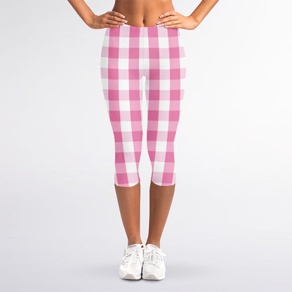 Pink And White Check Pattern Print Women's Capri Leggings