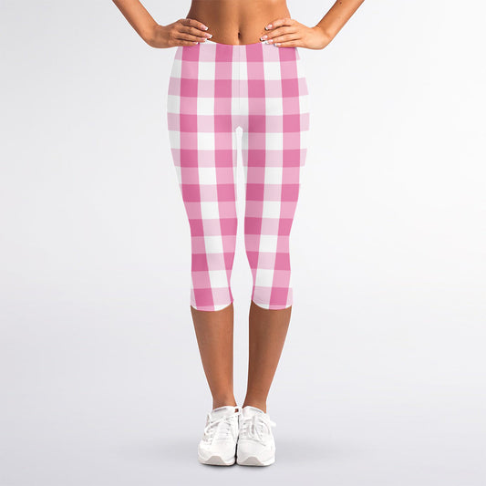 Pink And White Check Pattern Print Women's Capri Leggings