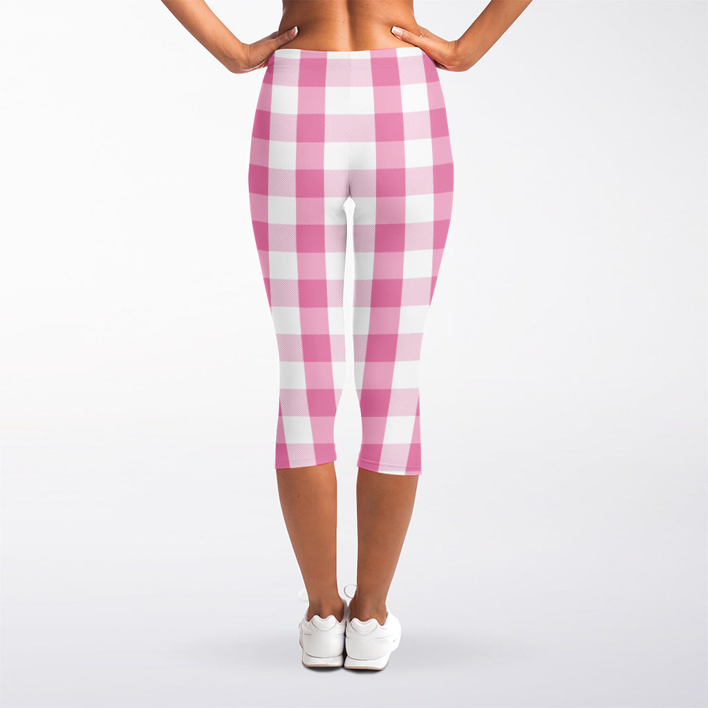 Pink And White Check Pattern Print Women's Capri Leggings