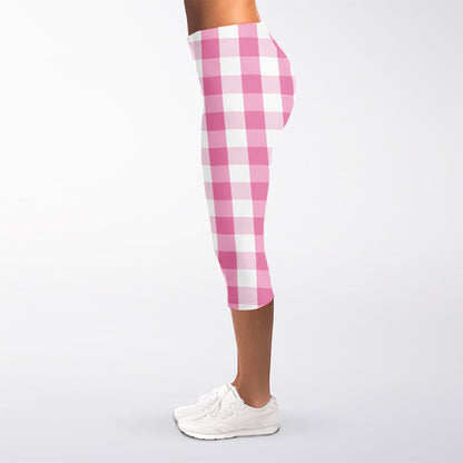 Pink And White Check Pattern Print Women's Capri Leggings
