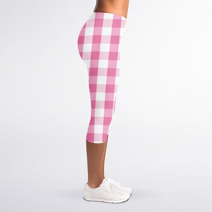 Pink And White Check Pattern Print Women's Capri Leggings