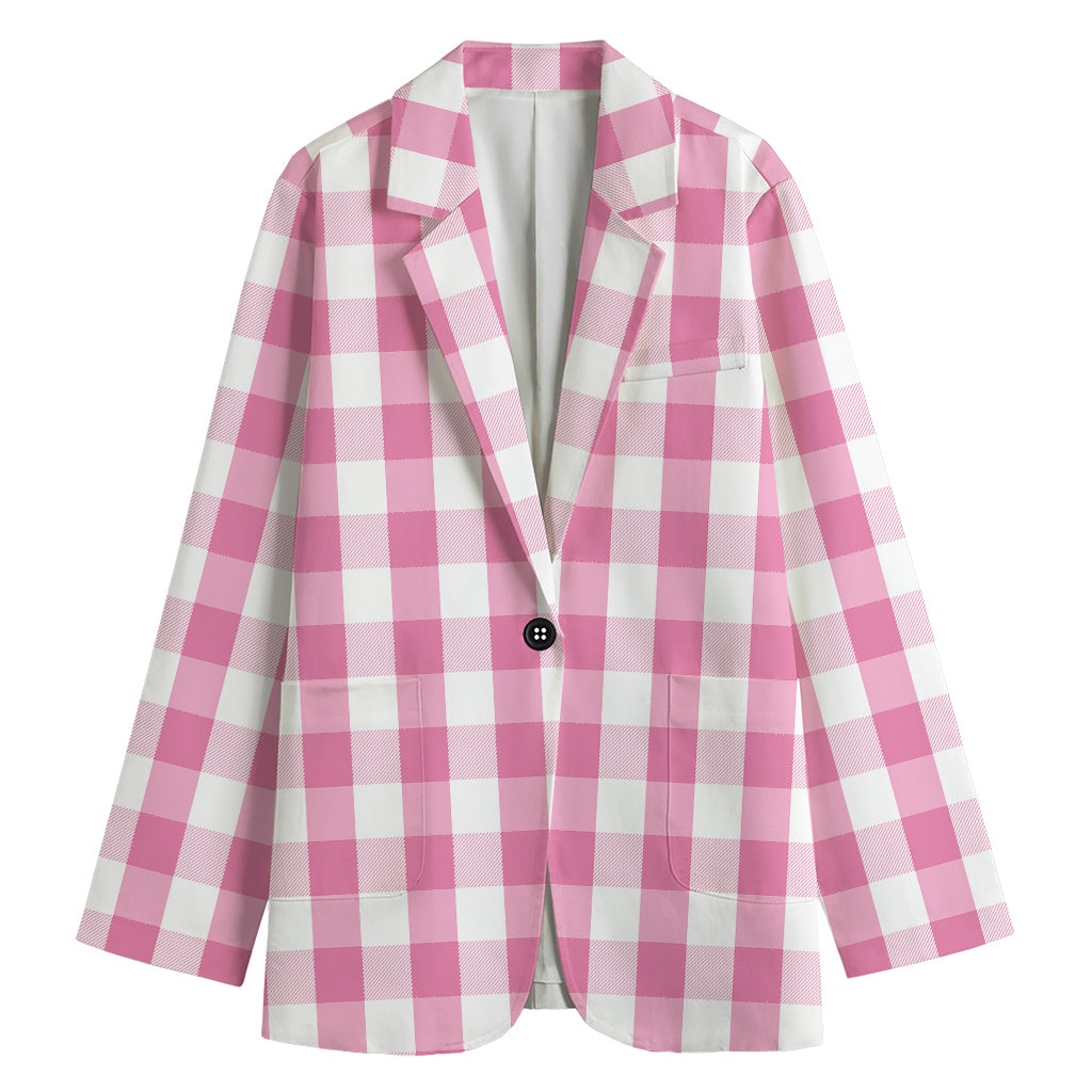 Pink And White Check Pattern Print Women's Cotton Blazer