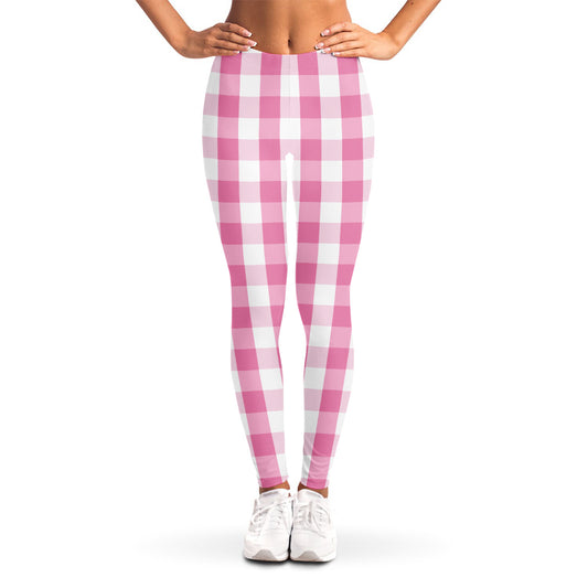 Pink And White Check Pattern Print Women's Leggings
