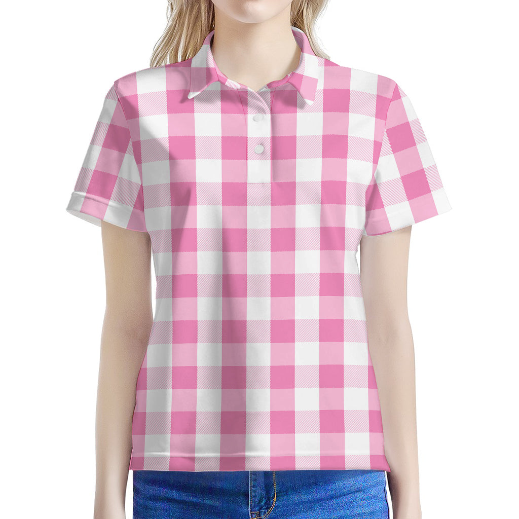 Pink And White Check Pattern Print Women's Polo Shirt