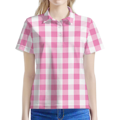 Pink And White Check Pattern Print Women's Polo Shirt