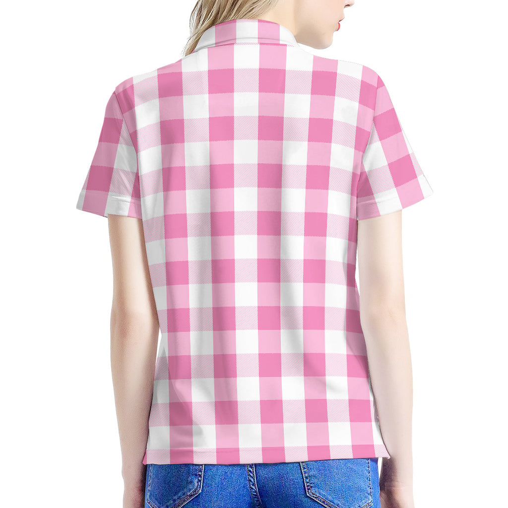 Pink And White Check Pattern Print Women's Polo Shirt