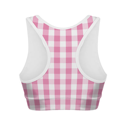 Pink And White Check Pattern Print Women's Sports Bra