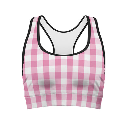 Pink And White Check Pattern Print Women's Sports Bra