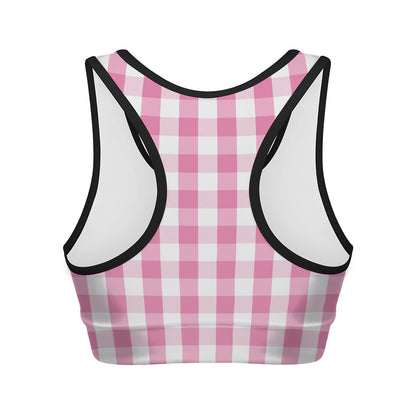 Pink And White Check Pattern Print Women's Sports Bra