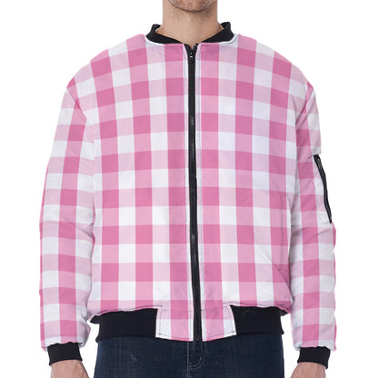 Pink And White Check Pattern Print Zip Sleeve Bomber Jacket