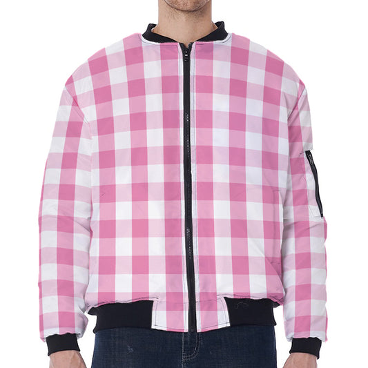 Pink And White Check Pattern Print Zip Sleeve Bomber Jacket