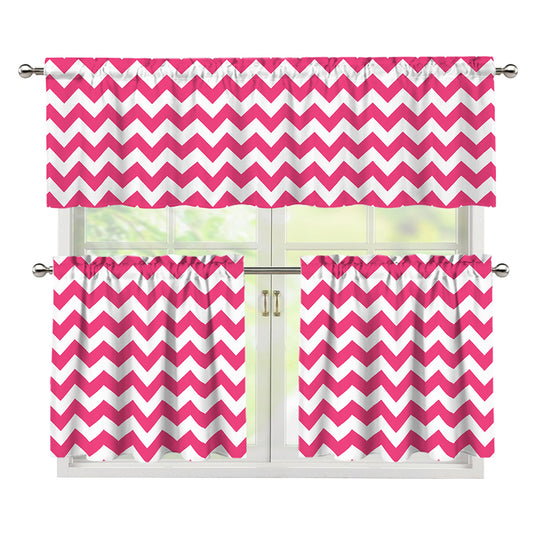 Pink And White Chevron Pattern Print 3 Piece Kitchen Curtains