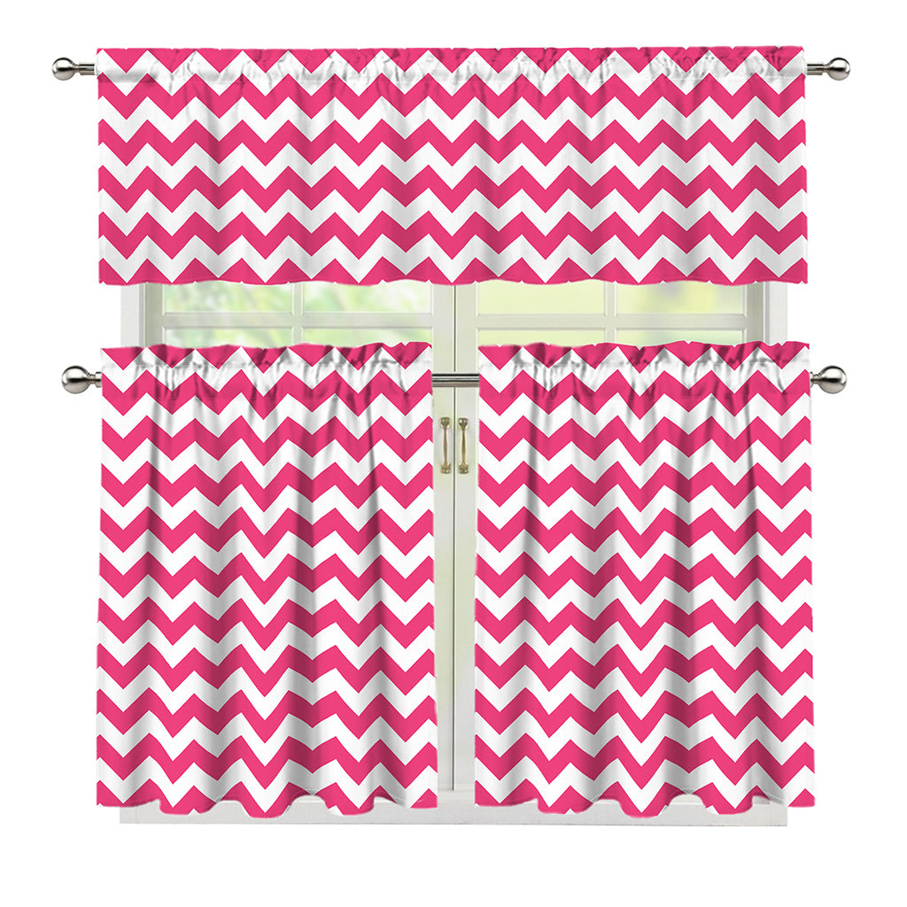Pink And White Chevron Pattern Print 3 Piece Kitchen Curtains