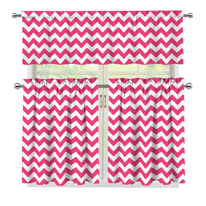 Pink And White Chevron Pattern Print 3 Piece Kitchen Curtains