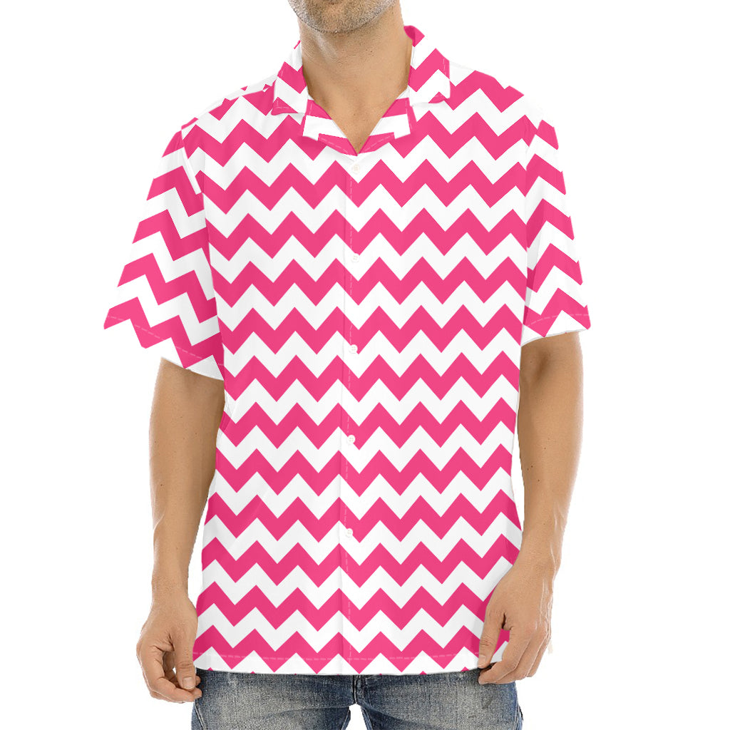 Pink And White Chevron Pattern Print Aloha Shirt