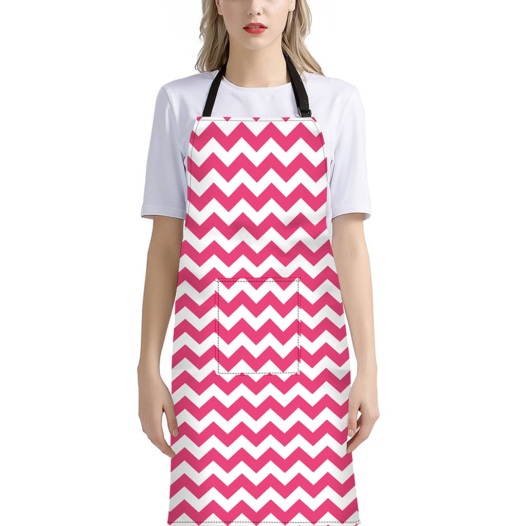 Pink And White Chevron Pattern Print Bib Apron With Pocket
