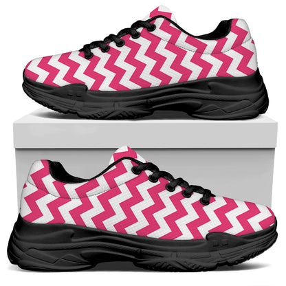 Pink And White Chevron Pattern Print Black Chunky Shoes