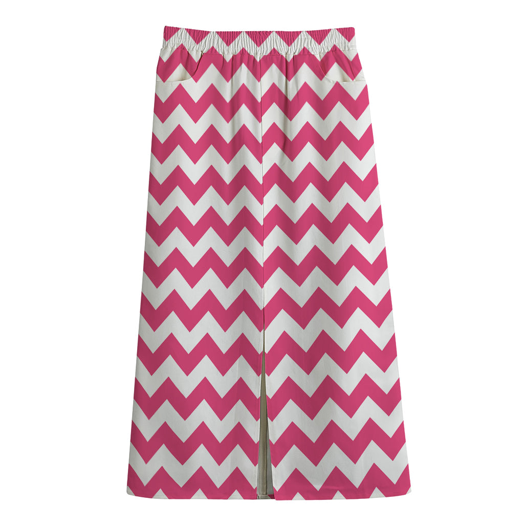 Pink And White Chevron Pattern Print Cotton Front Slit Maxi Skirt