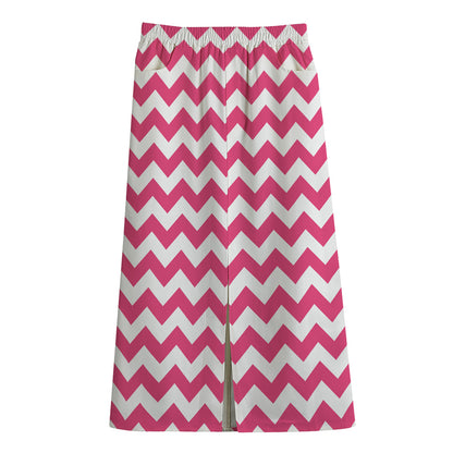Pink And White Chevron Pattern Print Cotton Front Slit Maxi Skirt