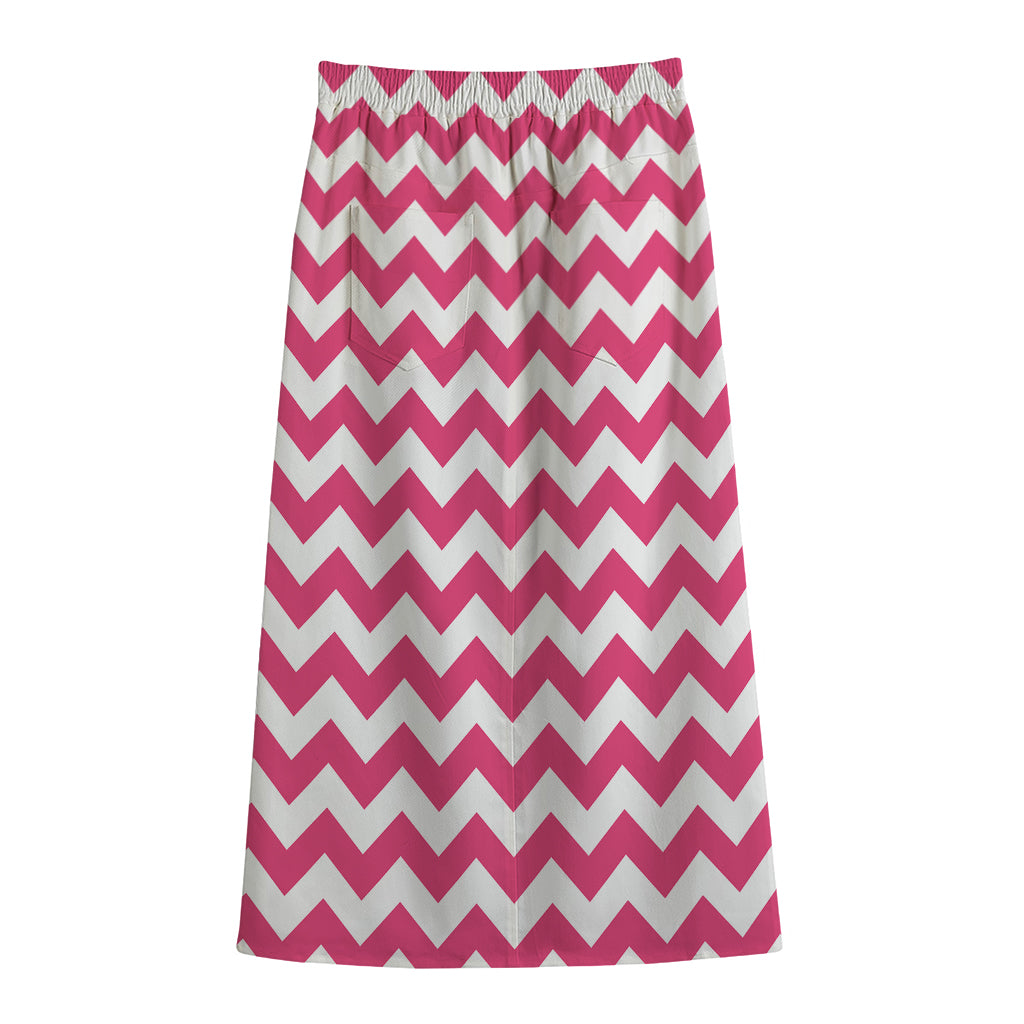 Pink And White Chevron Pattern Print Cotton Front Slit Maxi Skirt