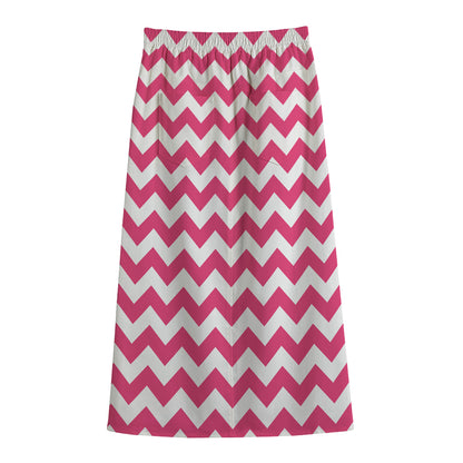 Pink And White Chevron Pattern Print Cotton Front Slit Maxi Skirt
