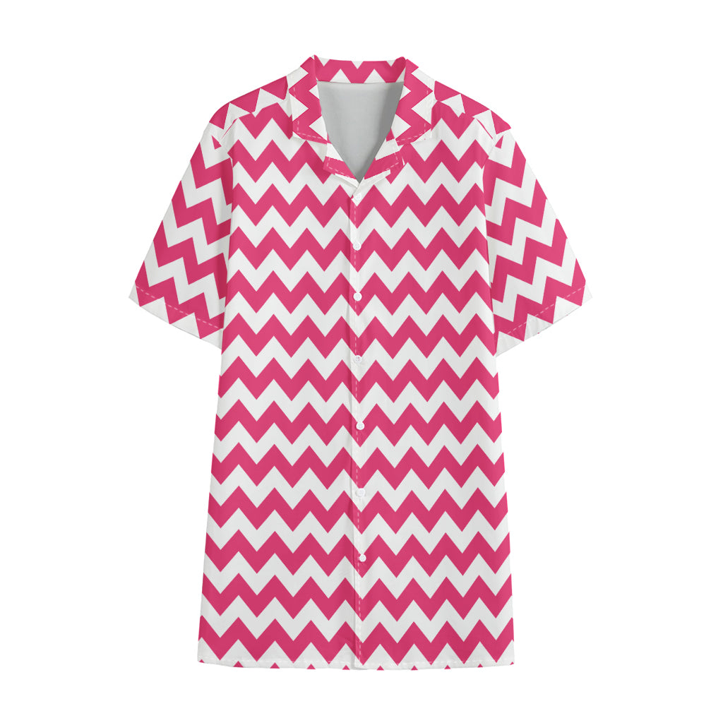 Pink And White Chevron Pattern Print Cotton Hawaiian Shirt