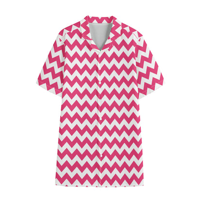 Pink And White Chevron Pattern Print Cotton Hawaiian Shirt