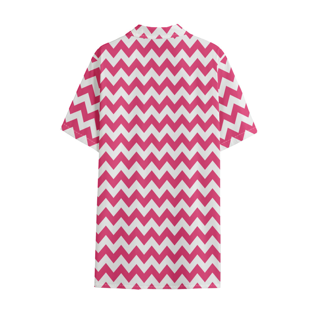 Pink And White Chevron Pattern Print Cotton Hawaiian Shirt