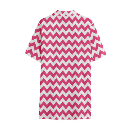 Pink And White Chevron Pattern Print Cotton Hawaiian Shirt