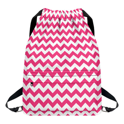Pink And White Chevron Pattern Print Drawstring Backpack