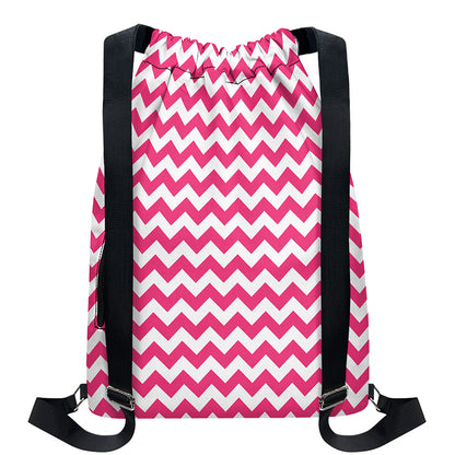 Pink And White Chevron Pattern Print Drawstring Backpack