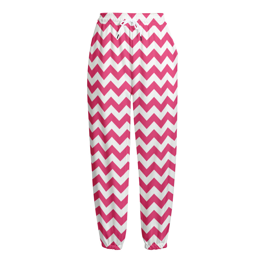 Pink And White Chevron Pattern Print Fleece Lined Knit Pants