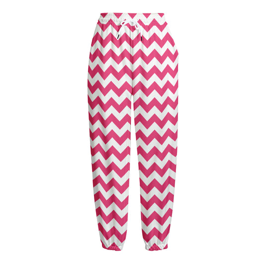Pink And White Chevron Pattern Print Fleece Lined Knit Pants